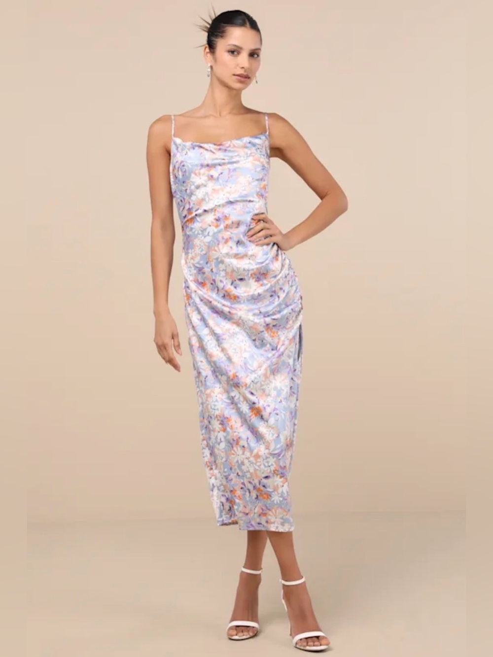Lulu's Truest Romance Slate Floral Print Sleeveless Ruched Midi Dress